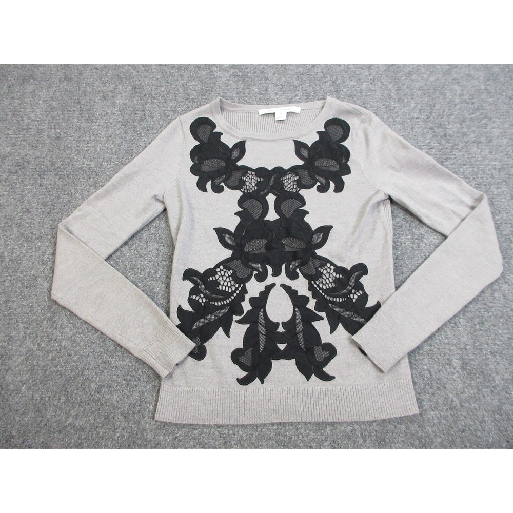 Diane Von Furstenberg Sweater XS Gray Floral Lace Merino Wool Crewneck Knit